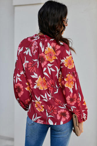 Red Hues Of Autumn Floral Lantern Sleeve Blouse