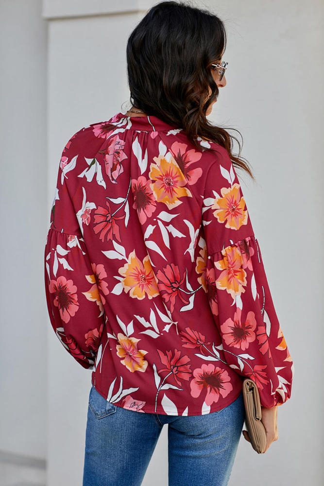 Red Hues Of Autumn Floral Lantern Sleeve Blouse
