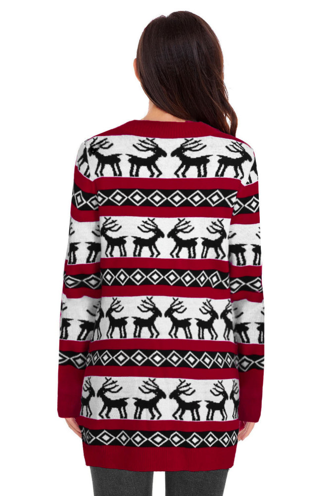 Red Elk Printed Long Sleeves Knitting Mid-length Christmas Cardigan
