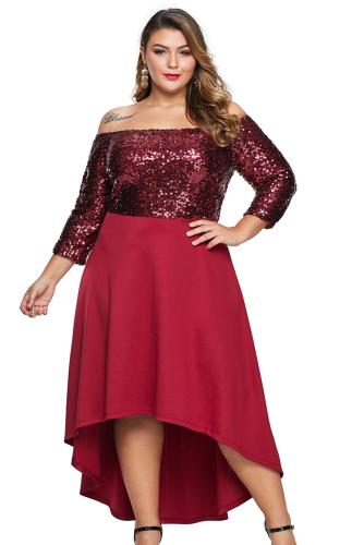 Red Off Shoulder Sequin Bodice Hi-lo Plus Size Dress