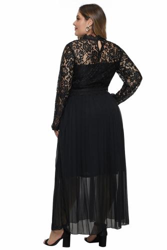 Black High Neck Long Sleeve Lace Top Plus Size Maxi Dress