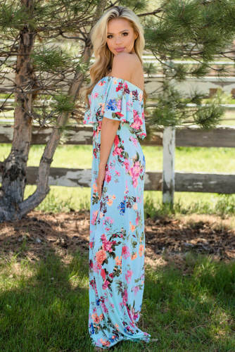 Sky Blue Ruffle Off Shoulder Floral Print Maxi Boho Dress