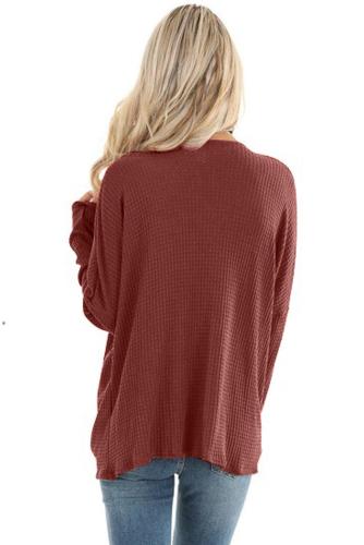 Red Waffle Texture V Neck Twist Long Sleeve Top