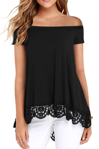 Black Off Shoulder A-Line Lace Trim Blouse