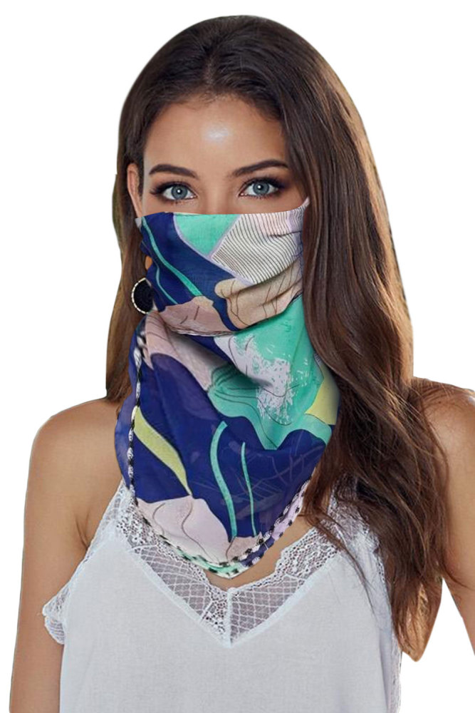 Blue Floral Print Protection Scarf Face Mask