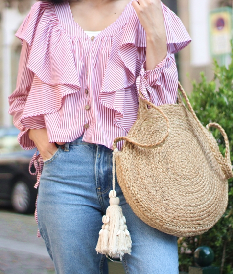 Red Button Ruffle&Tie Striped Shirt