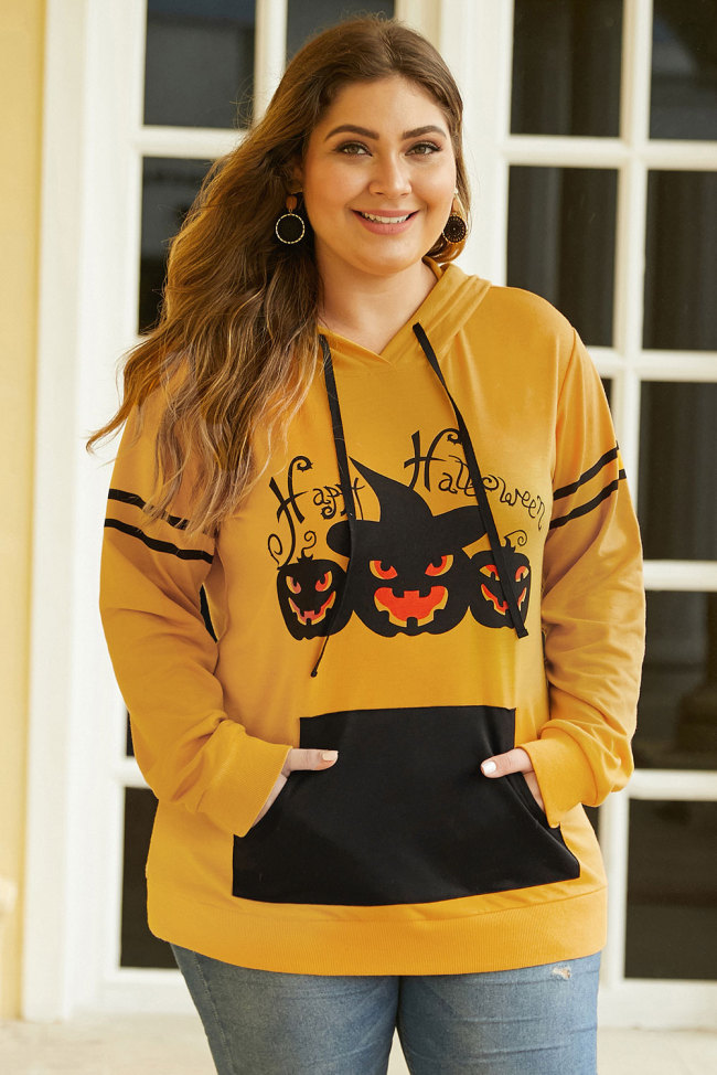 Pumpkin Long Sleeve Kangaroo Pocket Halloween Plus Size Hoodie