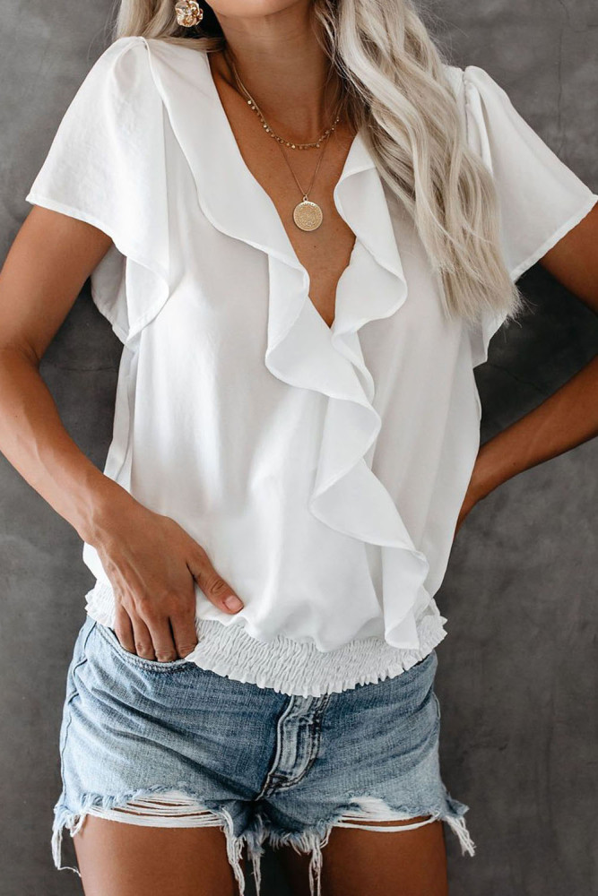 White Powerpuff Drape Ruffle Blouse