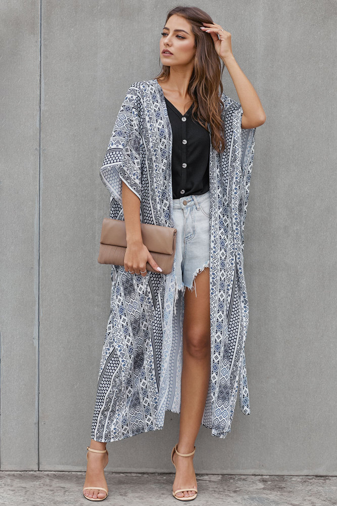 White Black Bohemian Style Tie Kimono