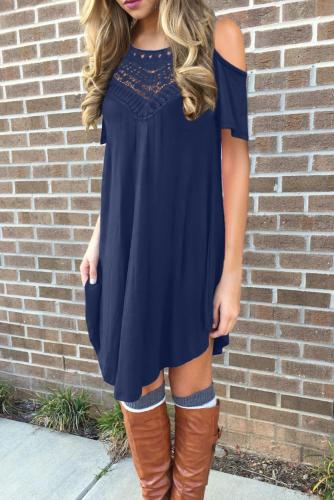 Blue Lace Hollow-out Cold Shoulder Casual Dress
