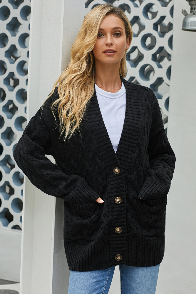 Black Open Front Button Down Knit Cardigan Coat