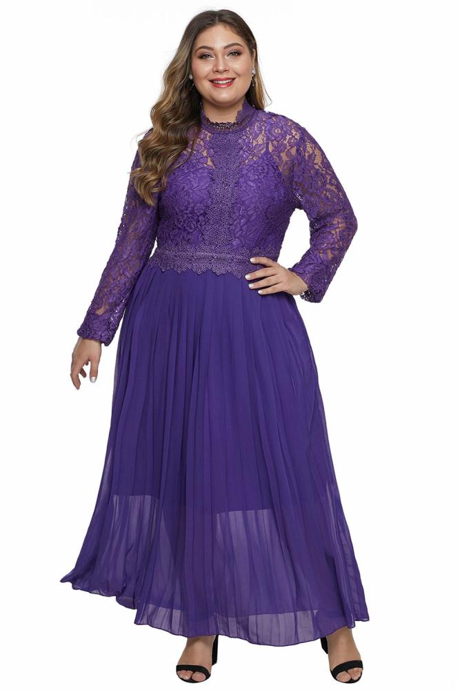 Purple High Neck Long Sleeve Lace Top Plus Size Maxi Dress