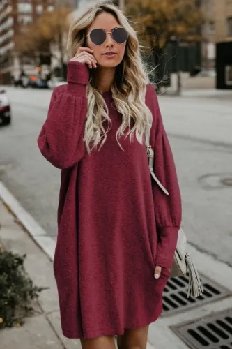 Red Autumn Winter Long Lantern Sleeve Knitted Sweatshirt Dress