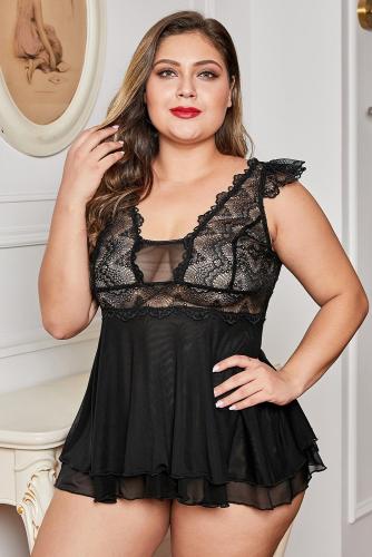 Black Plus Size Lace Mesh Sexy Maid Lingerie Set