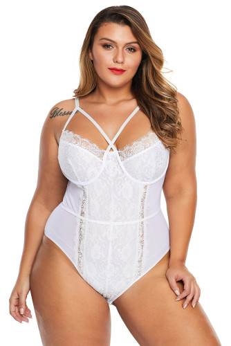 White Cross Front Lace Detail Plus Size Teddy