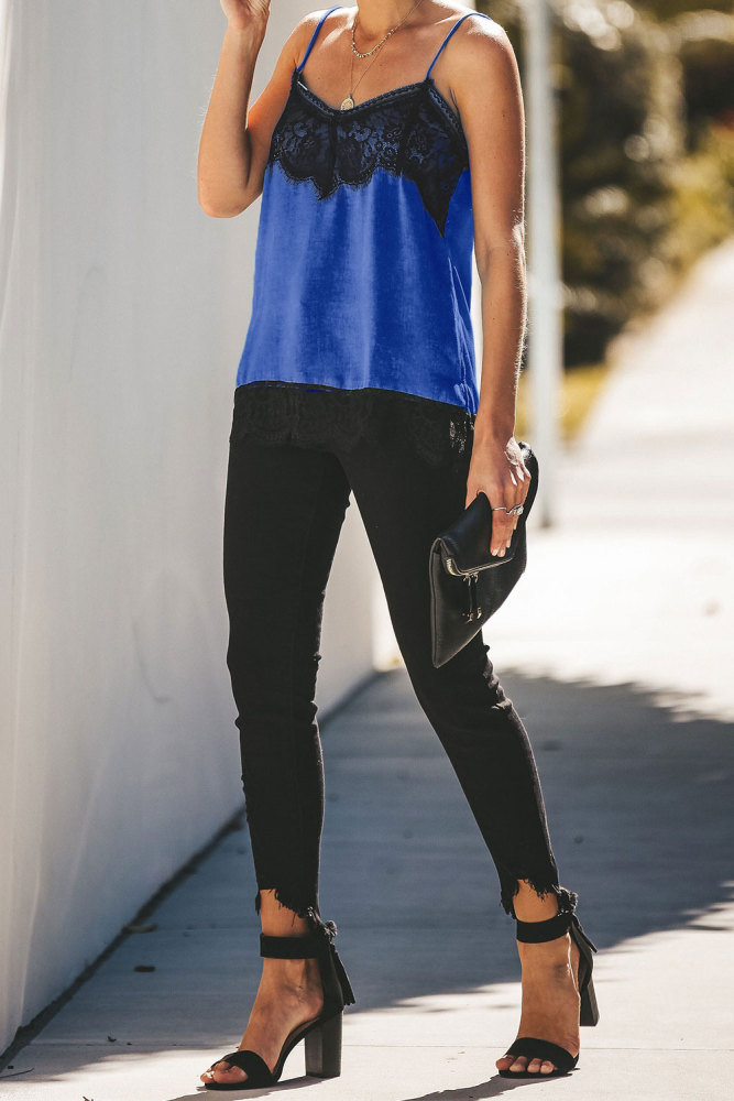 Blue Satin Lace Cami Tank