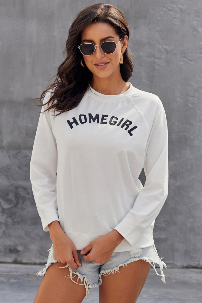 White Letter Print Long Sleeve Pullover Casual Sweatshirt