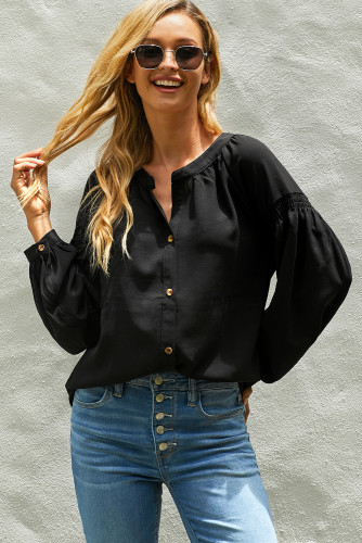 Black Inspired Button Down Peasant Top