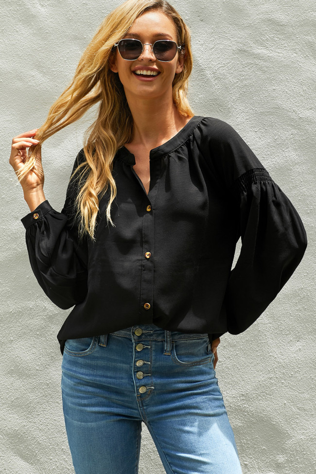 Black Inspired Button Down Peasant Top