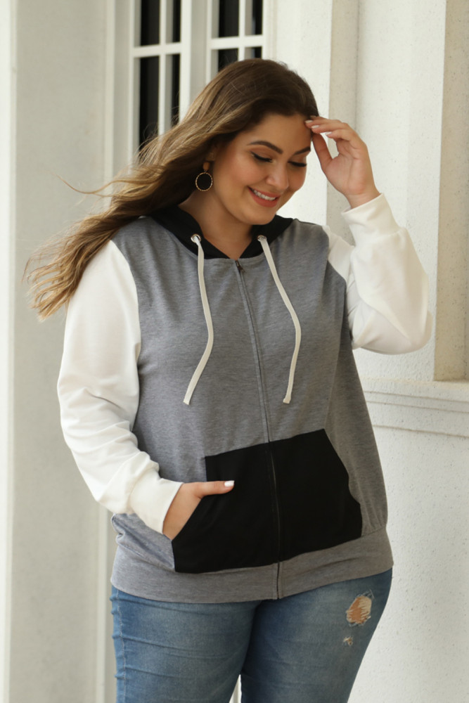 Black Colorblock Hooded Zip Plus Size Jacket
