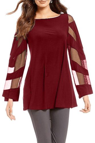 Red Long Sleeve Boat Neck Chiffon Blouse