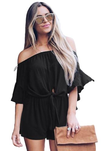 Black Bell Sleeve Off Shoulder Front Tie Knot Romper