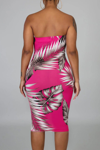 Rose Tropical Print Tube Bodycon Dress