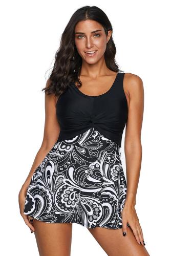 Solid Black Paisley Print Twist Front Tankini Swimsuit