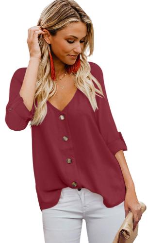 Red Button Detail Roll up Sleeve Blouse