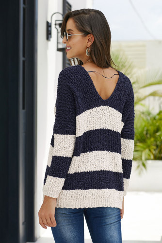 Blue V Neck Loose Color Block Sweater