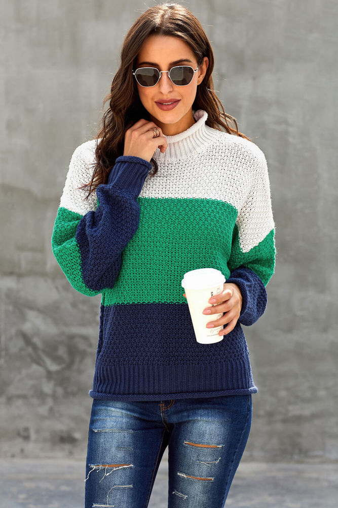 Blue Oversized Chunky Batwing Long Sleeve Turtleneck Sweater