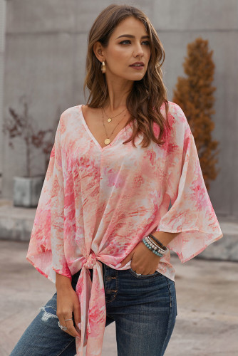 Red Tie Dye V Neck Top