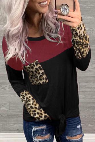 Black Color Block Splicing Leopard Printed Pocket Tie Blouse