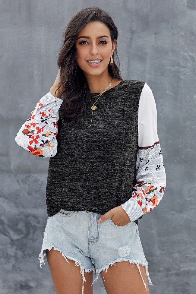 Black Contrast Printed Sleeve Knit Sweatshirts