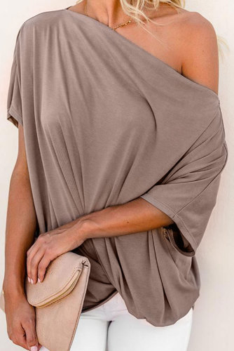 Apricot Off-The-Shoulder Slash Neck Casual Loose Fitting Top