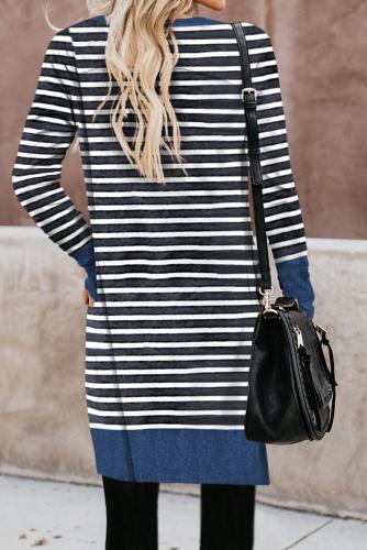 Blue Striped Button Down Open Front Cardigan