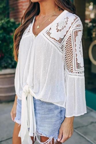 White Against The Grain Swiss Dot Crochet Tie Top