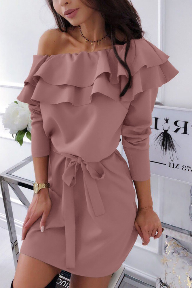 Pink Double Frill Off Shoulder Long Sleeve Dress