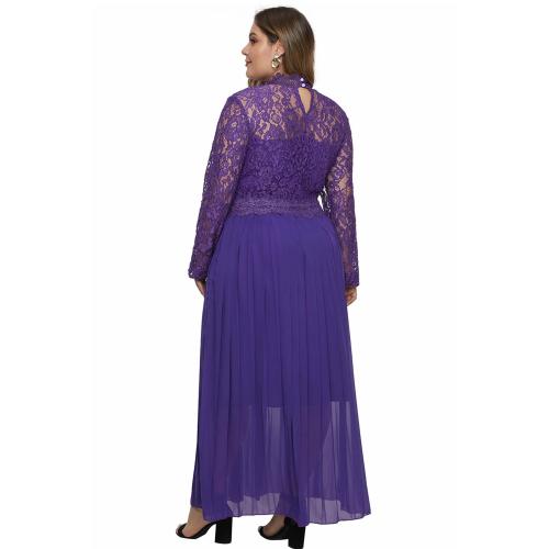 Purple High Neck Long Sleeve Lace Top Plus Size Maxi Dress