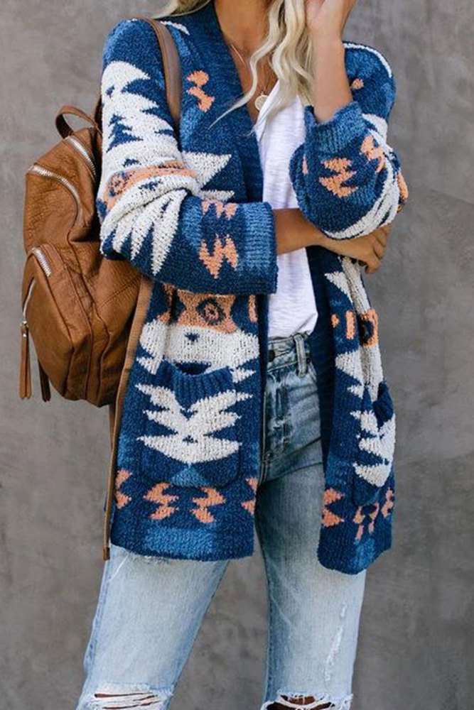 Blue Moraga Pocketed Aztec Cardigan