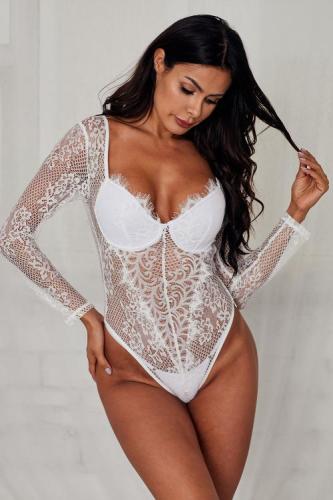 White Underwire Floral Lace Long Sleeve Bodysuit