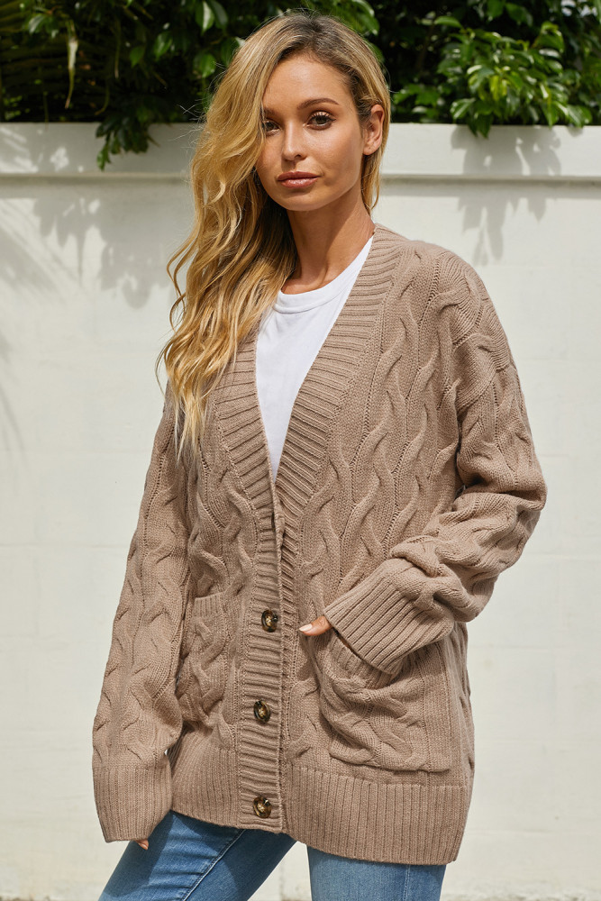 Khaki Open Front Button Down Knit Cardigan Coat