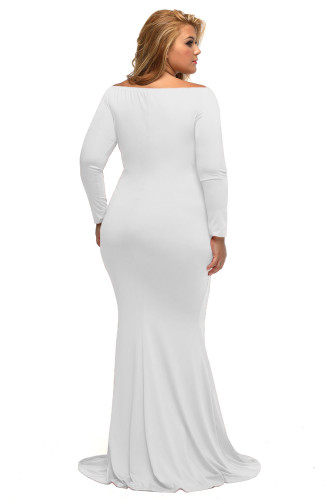 White Off-shoulder V Neck Long Sleeve Plus Long Dress