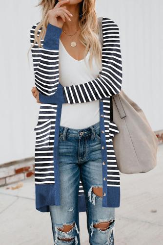Blue Striped Button Down Open Front Cardigan