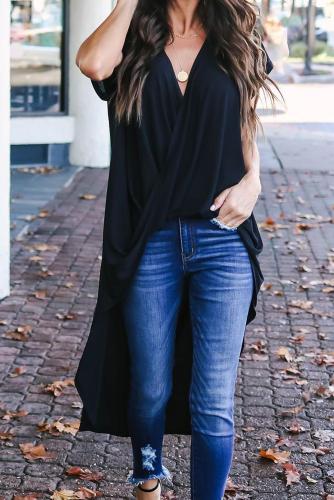 Black Stylish Drape High Low Top