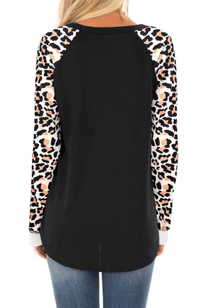 Black Leopard Print Long Sleeve Pullover Top