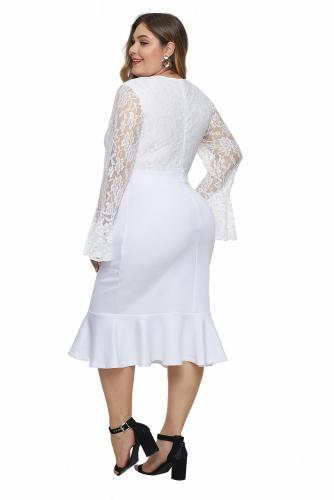 White Lace Bodice Bell Sleeve Ruffled Hem Plus Size Dress