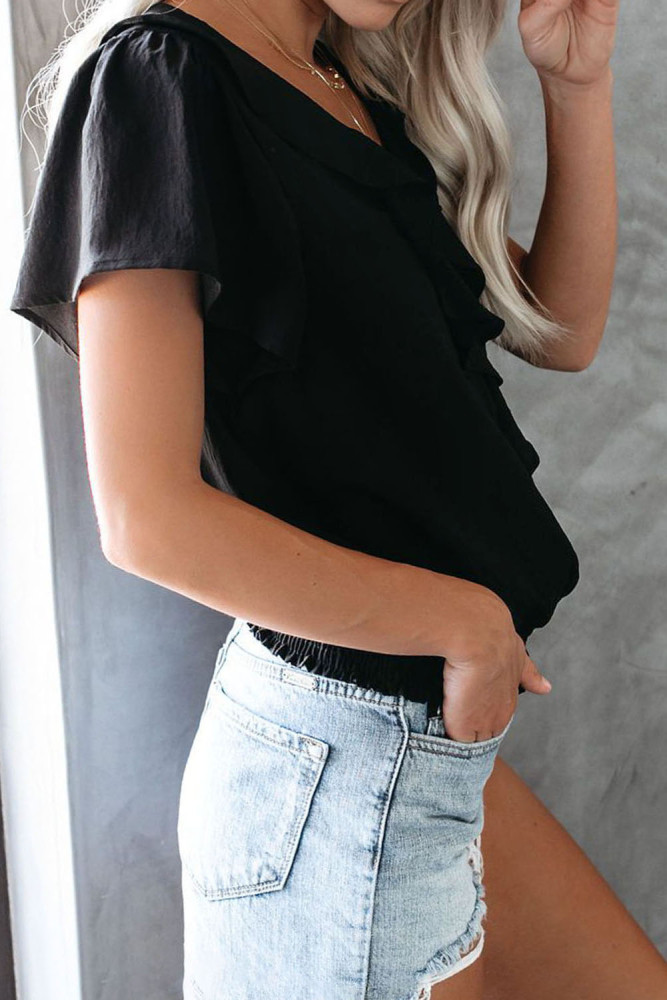 Black Powerpuff Drape Ruffle Blouse