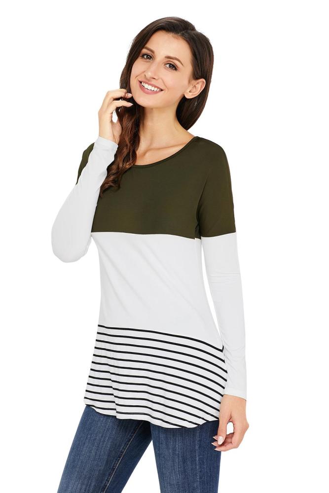 Green Color Block Floral Patchwork Long Sleeve Blouse Top