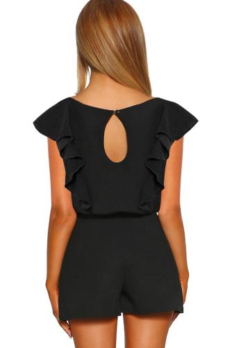 Black O Neck Short Sleeve Belted Romper